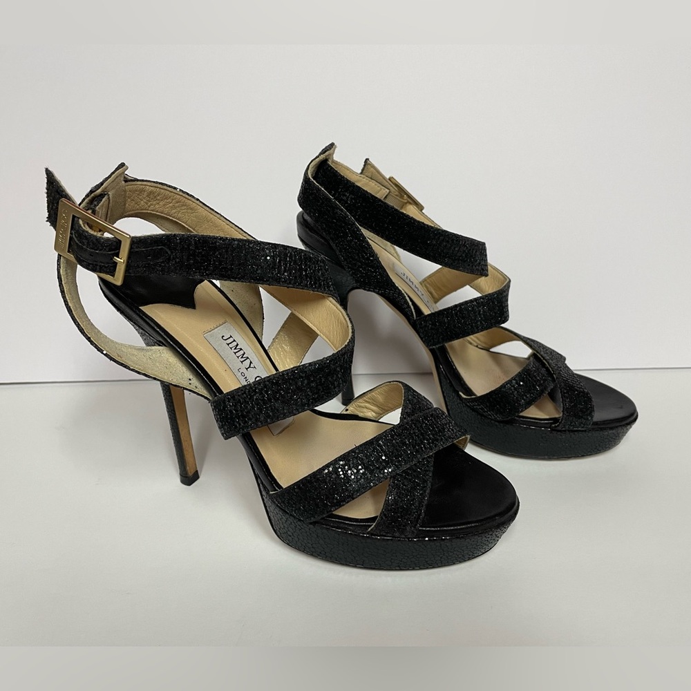 Jimmy Choo Black Strappy Glitter Heels